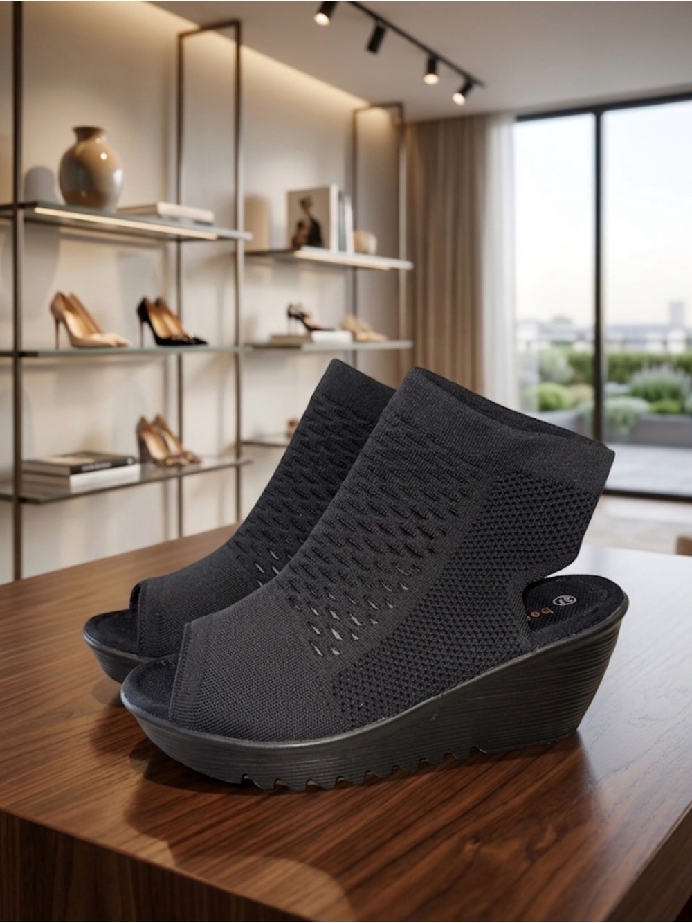 Bernie Mev Black Knit Peep-Toe Wedge Sandals - NEW